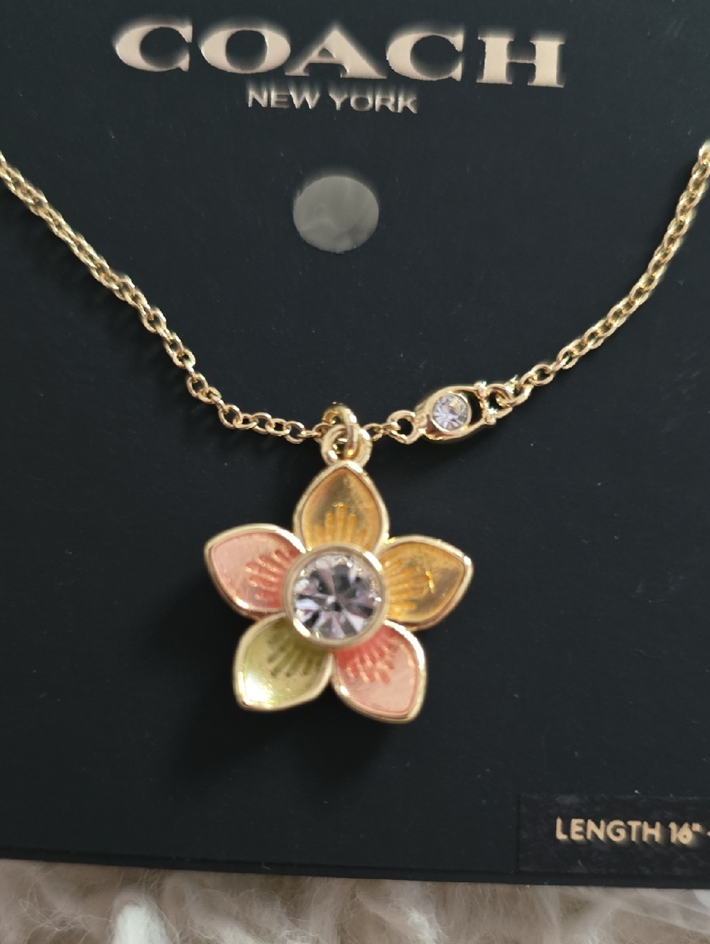 COACH New York Gold Flower Pendant Necklace with Pastel Petals - Picture 3 of 4